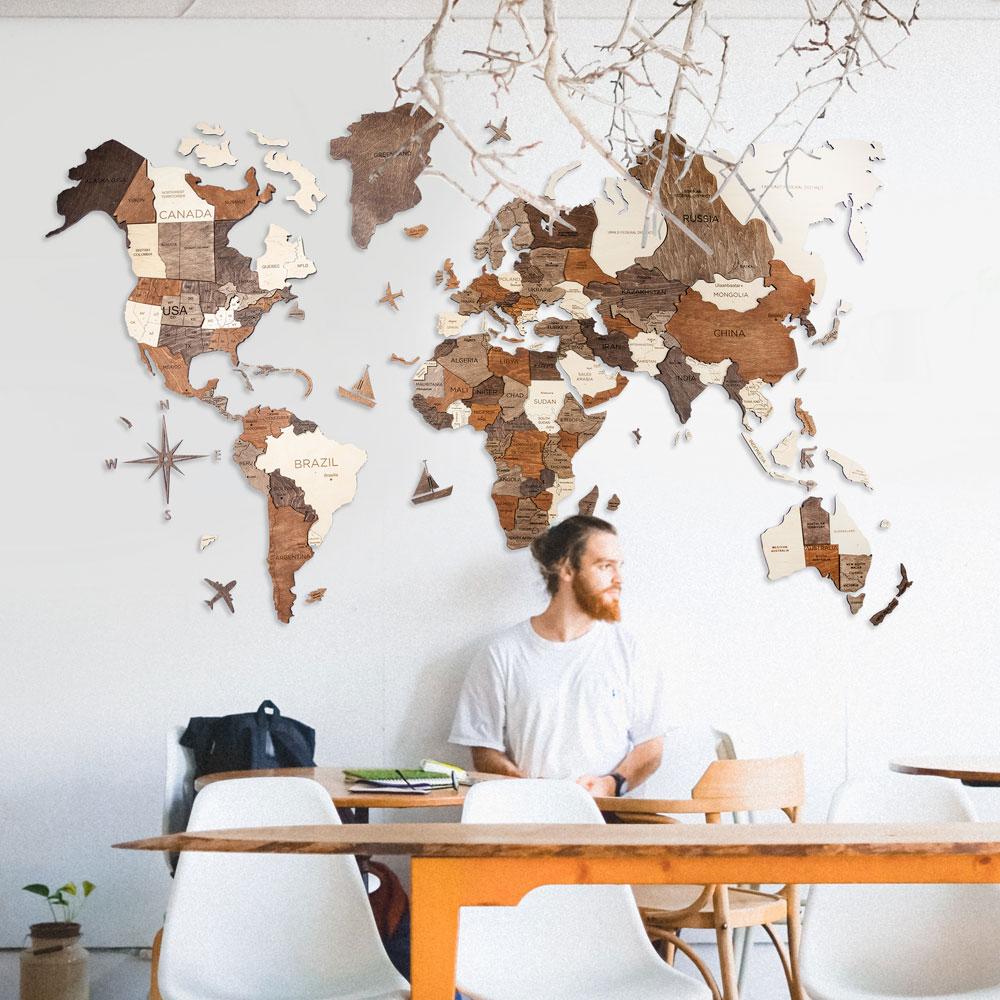 3D Wooden World Map マルチカラー 木製世界地図【南極大陸なし】【約1週間で納品】【セール品は在庫なくなり次第終了】