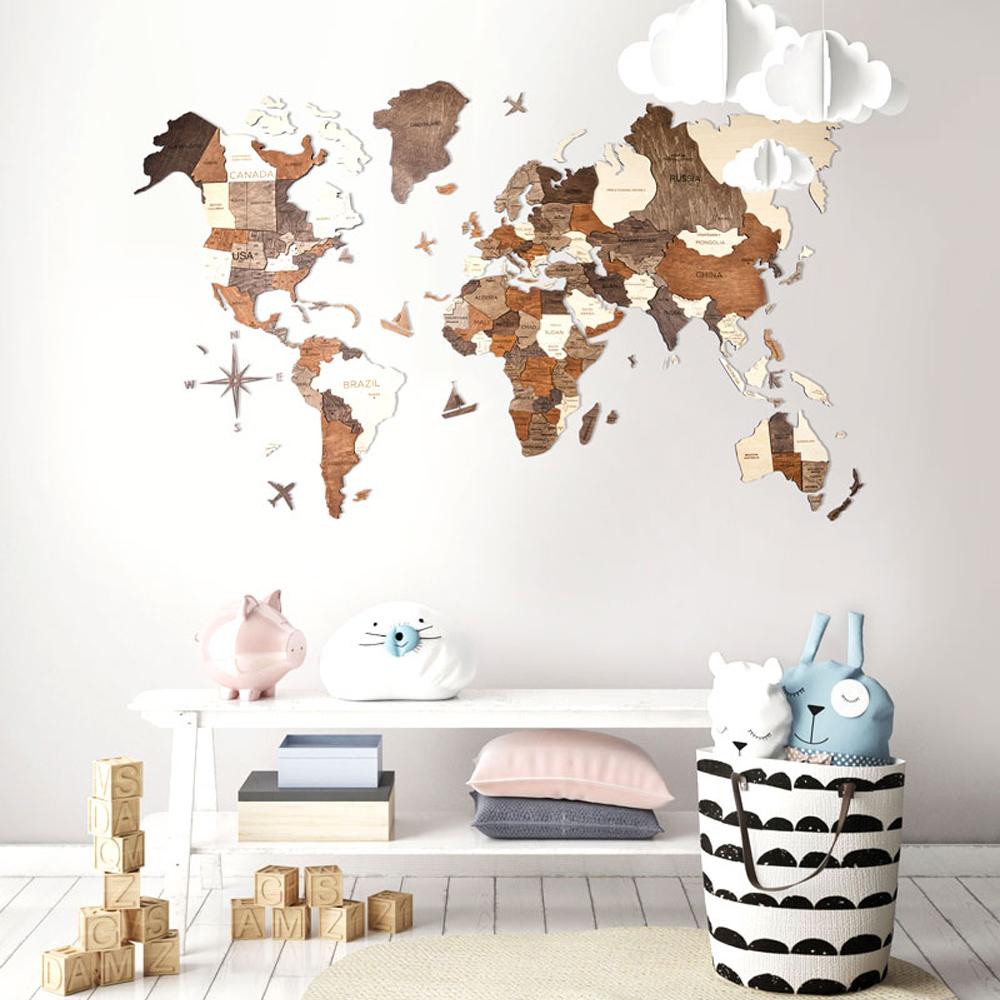 3D Wooden World Map マルチカラー 木製世界地図【南極大陸なし】【約1週間で納品】【セール品は在庫なくなり次第終了】