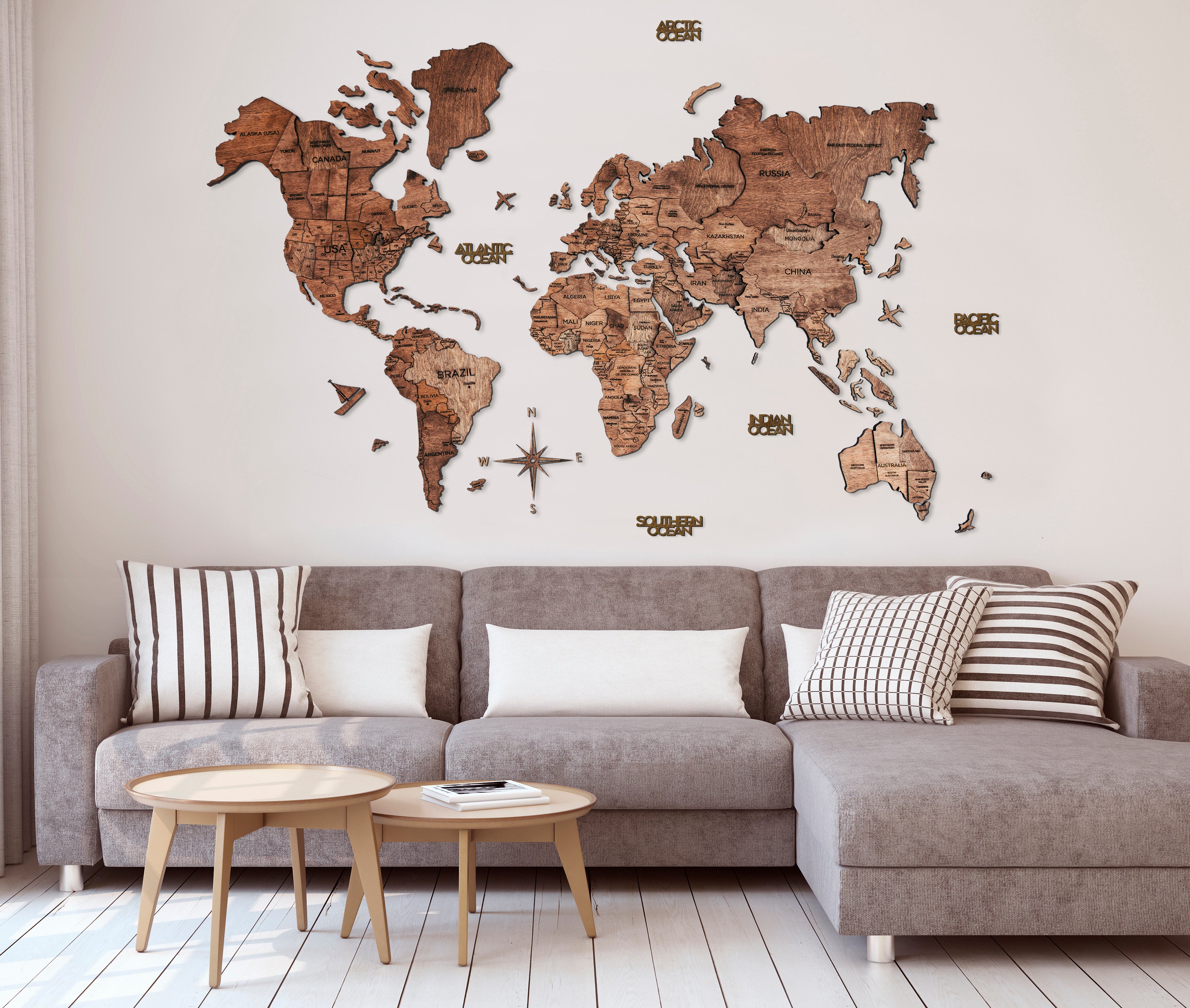 3D Wood World Map ダークウォルナット 壁掛け木製世界地図【翌日出荷】