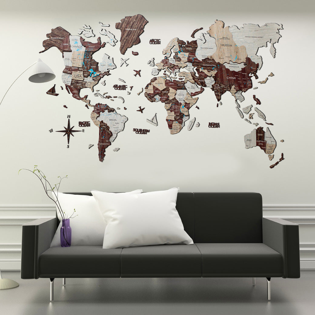 3D Wood World Map カプチーノカラー 木製世界地図 【南極大陸なし】【約1週間で納品】【セール品は在庫なくなり次第終了】
