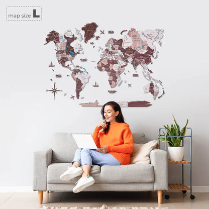 3D Wooden World Map カプチーノカラー 木製世界地図 [受注生産品：約2か月で出荷]
