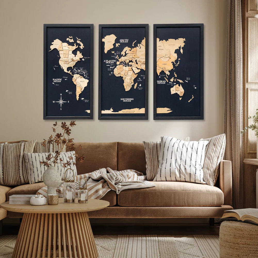 3D Wooden World Map on Board トリプティック ライトブラウンカラー[受注生産品：約2か月で出荷]