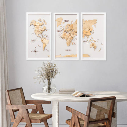 3D Wooden World Map on Board トリプティック ライトブラウンカラー[受注生産品：約2か月で出荷]