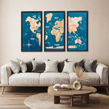 3D Wooden World Map on Board トリプティック ライトブラウンカラー[受注生産品：約2か月で出荷]