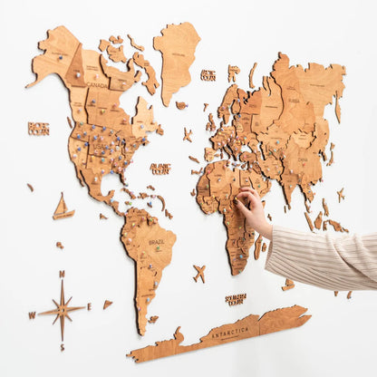 3D Wooden World Map オークカラー 木製世界地図 [受注生産品：約2か月で出荷]