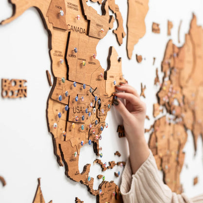 3D Wooden World Map オークカラー 木製世界地図 [受注生産品：約2か月で出荷]