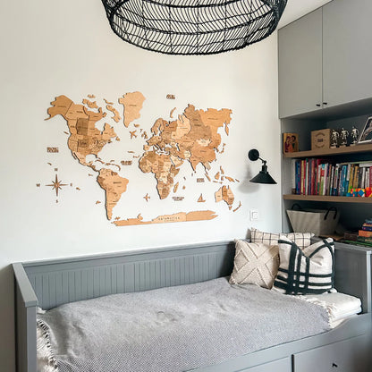 3D Wooden World Map ライトカラー 木製世界地図[受注生産品：約2か月で出荷]