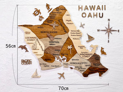 ハワイ　木製インテリア　made in HAWAII 3D Wooden Hawaii Oahu Map 壁掛け木製オアフ地図 [在庫限りで