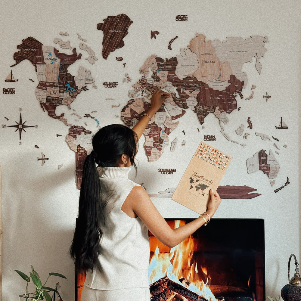 3D Wooden World Map カプチーノカラー 木製世界地図 [受注生産品：約2か月で出荷]