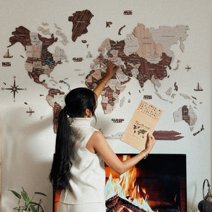 3D Wooden World Map カプチーノカラー 木製世界地図 [受注生産品：約2か月で出荷]