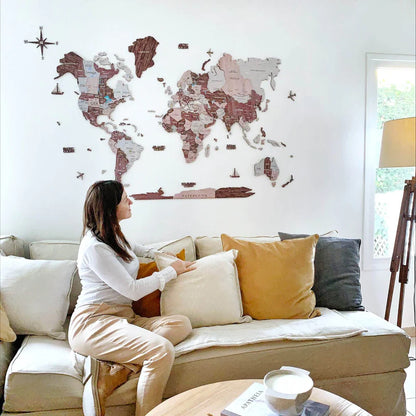 3D Wooden World Map カプチーノカラー 木製世界地図 [受注生産品：約2か月で出荷]
