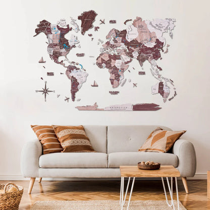 3D Wooden World Map カプチーノカラー 木製世界地図 [受注生産品：約2か月で出荷]