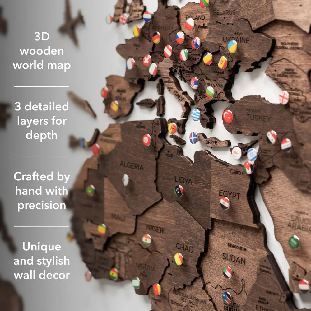 3D Wooden World Map ダークウォルナット 木製世界地図[受注生産品：約2か月で出荷]