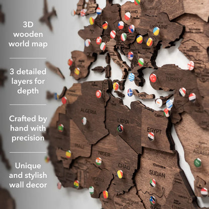 3D Wooden World Map ダークウォルナット 木製世界地図[受注生産品：約2か月で出荷]