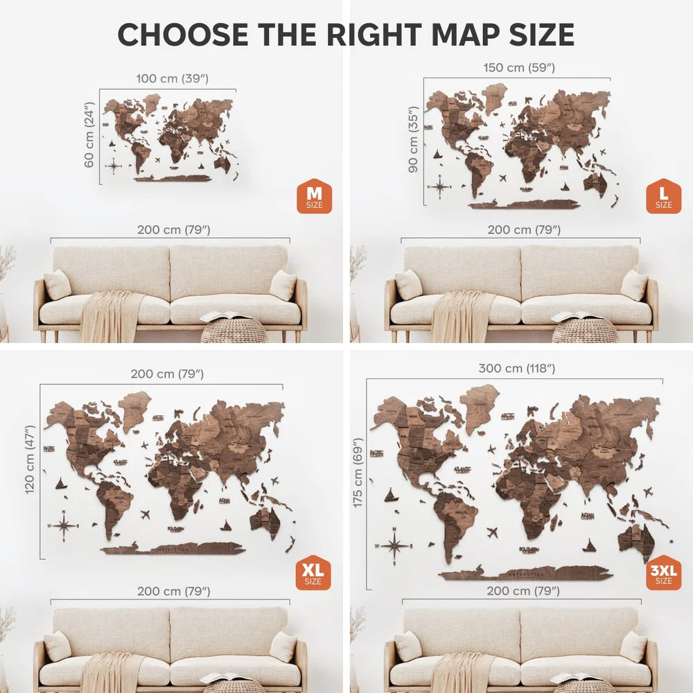 3D Wooden World Map ダークウォルナット 木製世界地図[受注生産品：約2か月で出荷]
