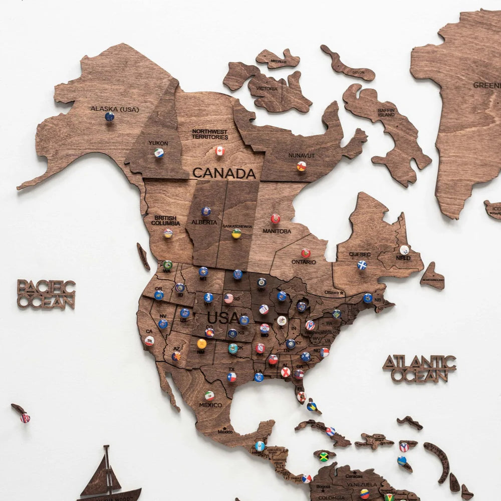 3D Wooden World Map ダークウォルナット 木製世界地図[受注生産品：約2か月で出荷]