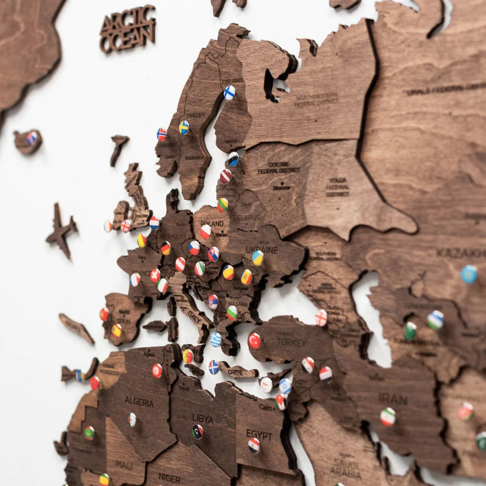 3D Wooden World Map ダークウォルナット 木製世界地図[受注生産品：約2か月で出荷]
