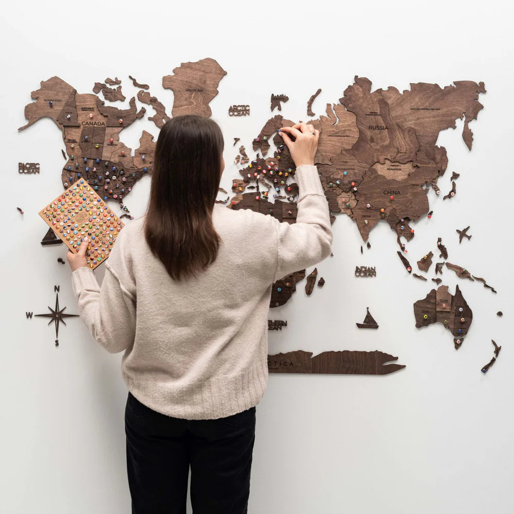 3D Wooden World Map ダークウォルナット 木製世界地図[受注生産品：約2か月で出荷]
