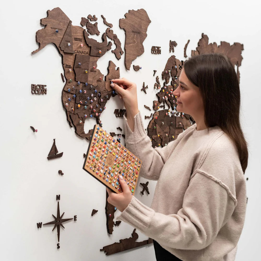 3D Wooden World Map ダークウォルナット 木製世界地図[受注生産品：約2か月で出荷]