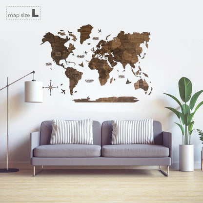 3D Wooden World Map ダークウォルナット 木製世界地図[受注生産品：約2か月で出荷]