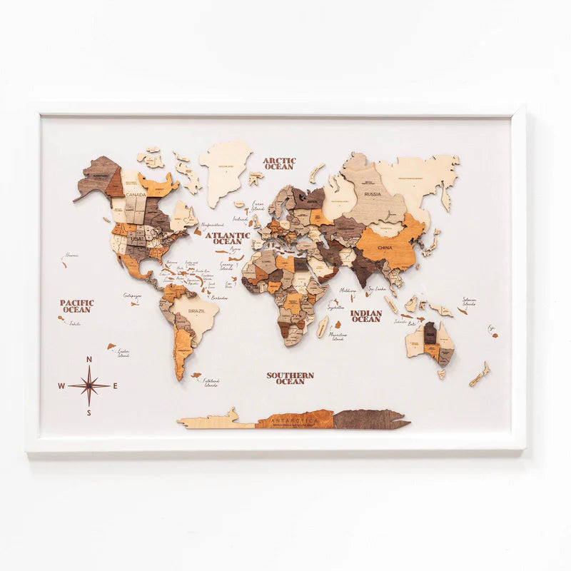 3D Wooden World Map On Board シングルパネル マルチカラー [受注生産品：約2か月で出荷]