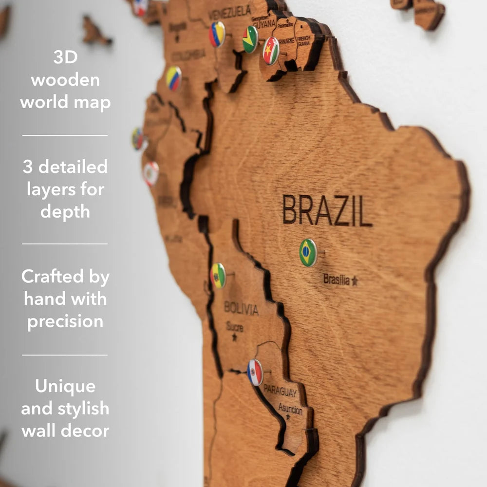 3D Wooden World Map オークカラー 木製世界地図 [受注生産品：約2か月で出荷]