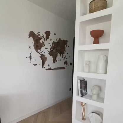 3D Wooden World Map ダークウォルナット 木製世界地図[受注生産品：約2か月で出荷]