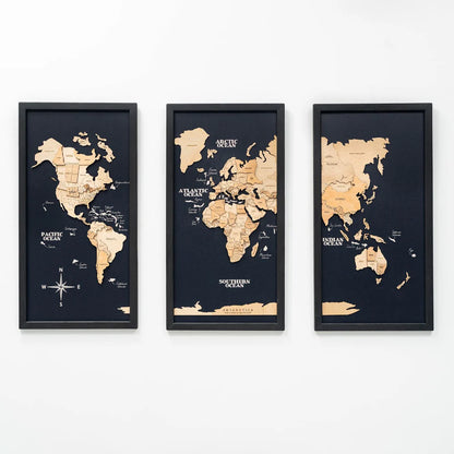 3D Wooden World Map on Board トリプティック ライトブラウンカラー[受注生産品：約2か月で出荷]