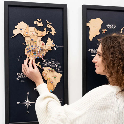 3D Wooden World Map on Board トリプティック ライトブラウンカラー[受注生産品：約2か月で出荷]