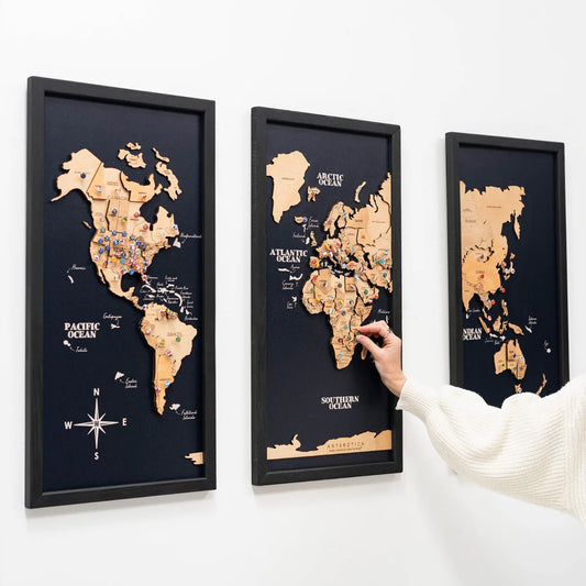3D Wooden World Map on Board トリプティック ライトブラウンカラー[受注生産品：約2か月で出荷]