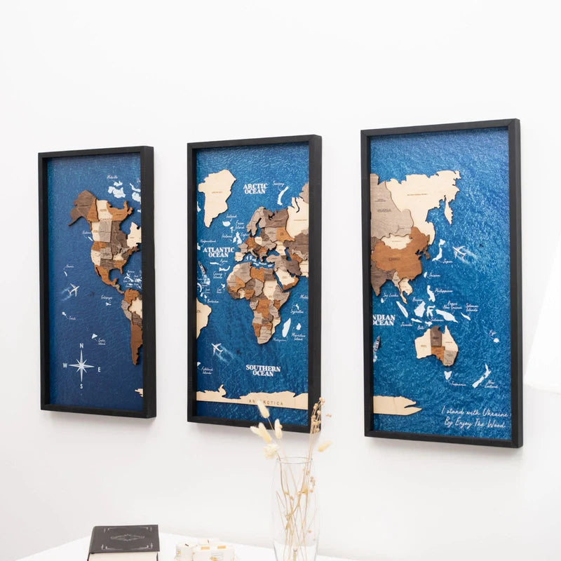 3D Wooden World Map on Board トリプティック マルチカラー[受注生産品：約2か月で出荷]