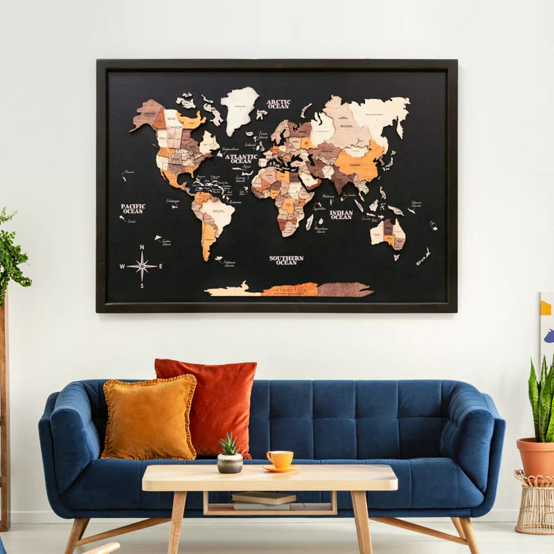 3D Wooden World Map On Board シングルパネル マルチカラー [受注生産品：約2か月で出荷]