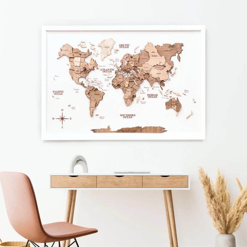 3D Wooden World Map On Board シングルパネル テラカラー [受注生産品：約2か月で出荷]