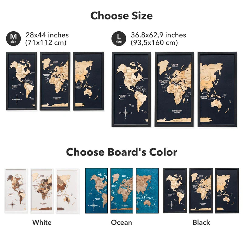 3D Wooden World Map on Board トリプティック マルチカラー[受注生産品：約2か月で出荷]