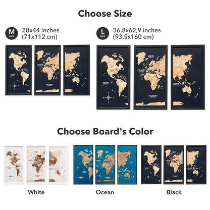 3D Wooden World Map on Board トリプティック マルチカラー[受注生産品：約2か月で出荷]