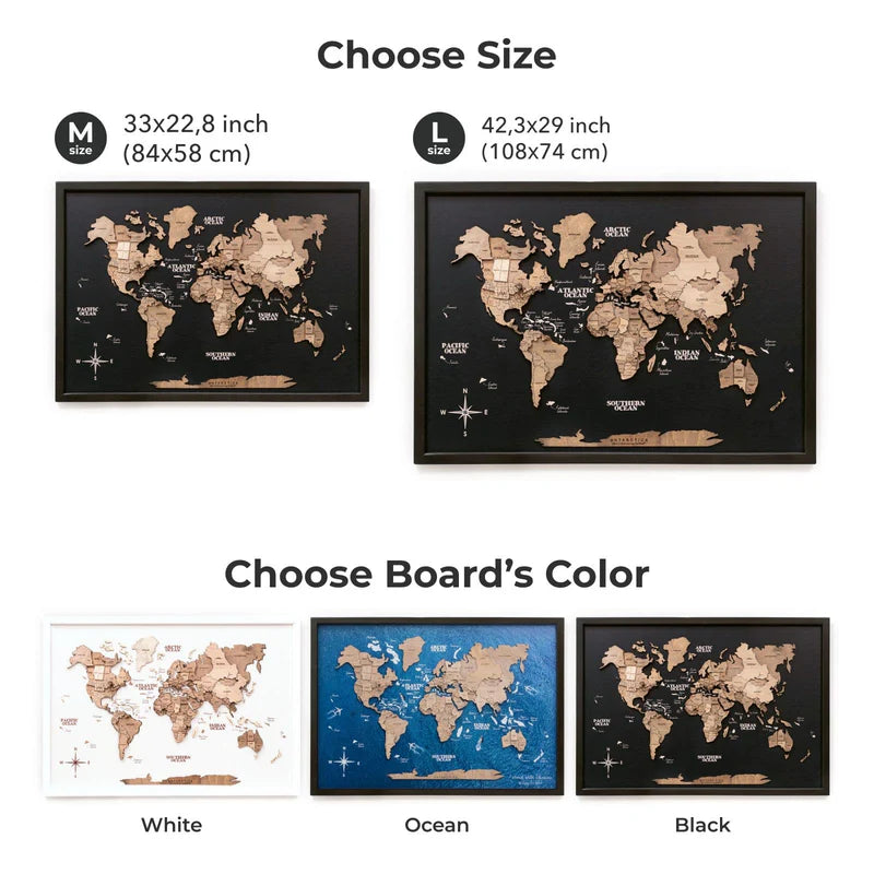3D Wooden World Map On Board シングルパネル テラカラー [受注生産品：約2か月で出荷]