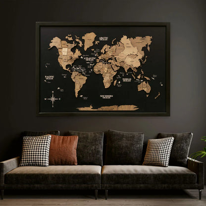 3D Wooden World Map On Board シングルパネル テラカラー [受注生産品：約2か月で出荷]