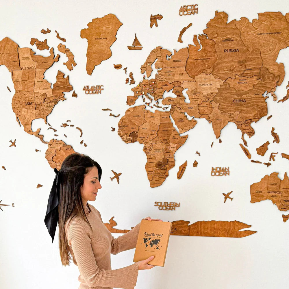 3D Wooden World Map オークカラー 木製世界地図 [受注生産品：約2か月で出荷]