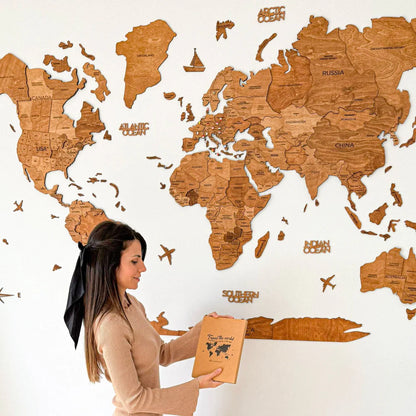 3D Wooden World Map オークカラー 木製世界地図 [受注生産品：約2か月で出荷]