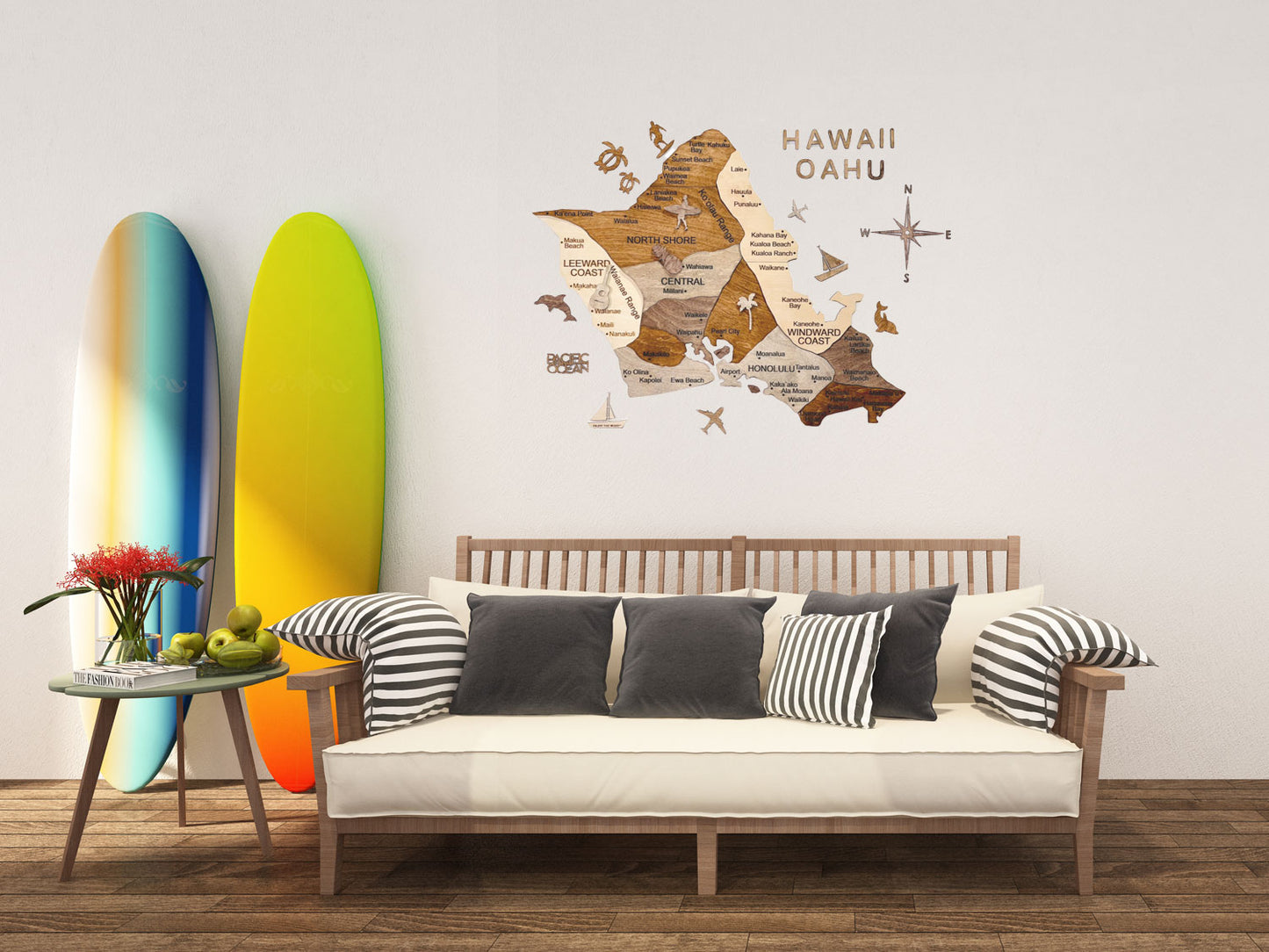 3D Wooden Hawaii Oahu Map 壁掛け木製オアフ地図 [在庫限りで販売終了予定][約1週間で出荷]