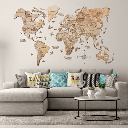 3D Wood World Map テラカラー 木製世界地図 【南極大陸なし】【約1週間で納品】【セール品は在庫なくなり次第終了】