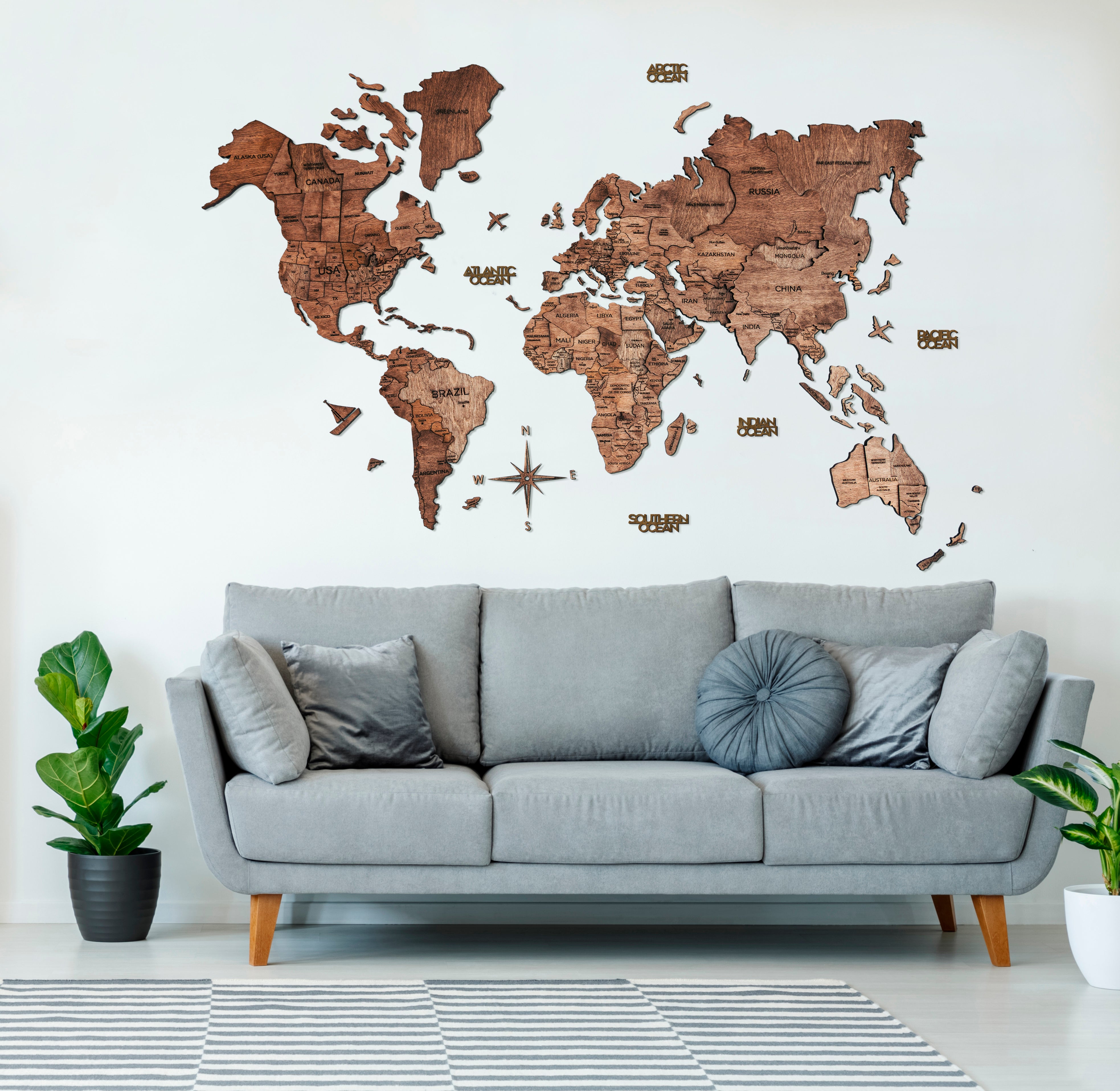 3D Wood World Map ダークウォルナット 木製世界地図 【南極大陸