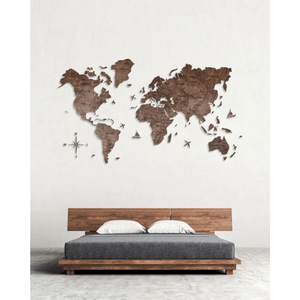 2D Wood World Map ウォールナットカラー 壁掛け木製世界地図【翌日発送】