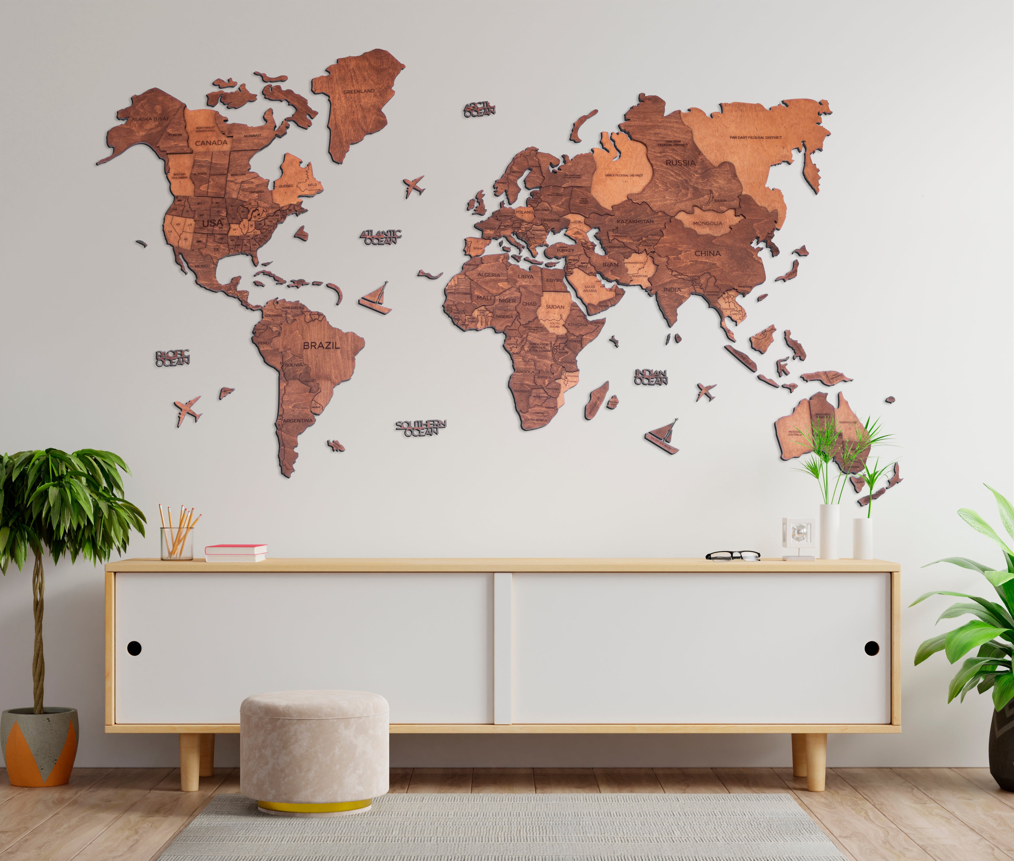 3D Wood World Map オークカラー 壁掛け木製世界地図【翌日出荷