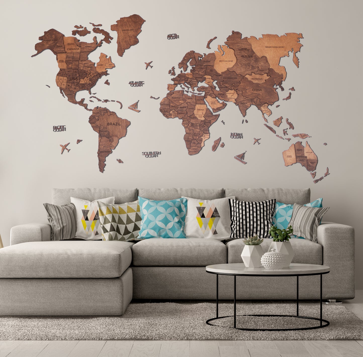 3D Wood World Map オークカラー 木製世界地図 【南極大陸なし】【約1週間で納品】【セール品は在庫なくなり次第終了】