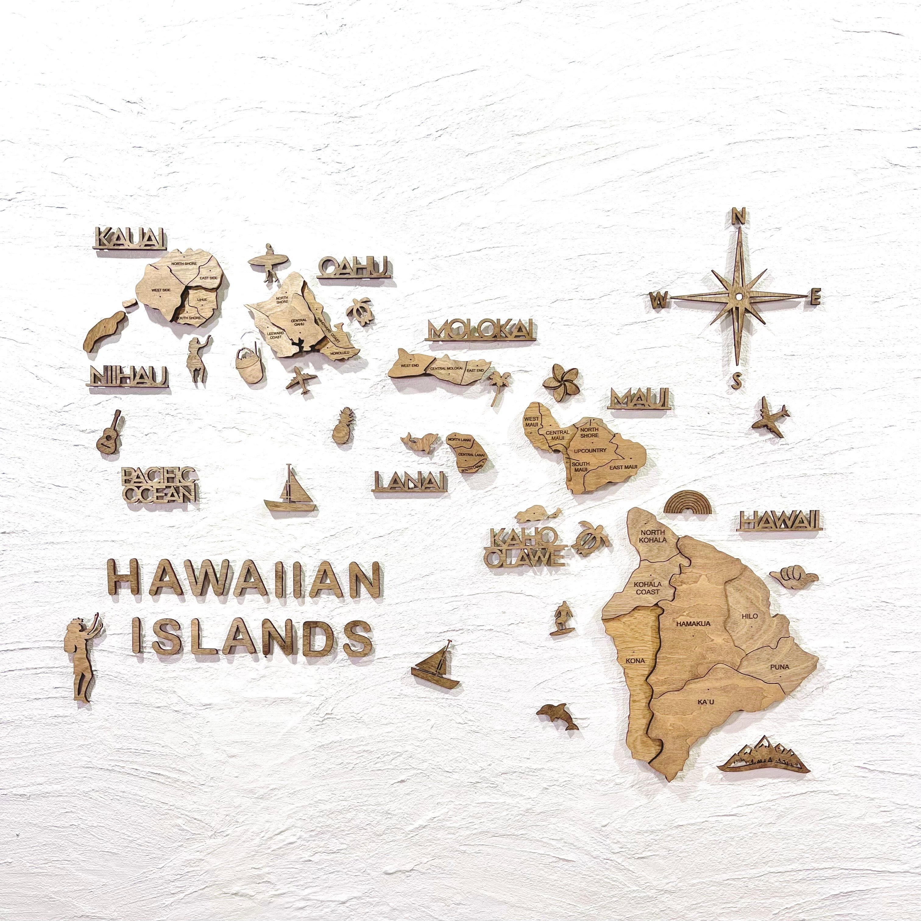 3D Wood Hawaiian Islands Map 壁掛け木製ハワイ諸島地図【翌日出荷】
