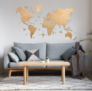 2D Wood World Map ライトブラウン 壁掛け木製世界地図【翌日発送】