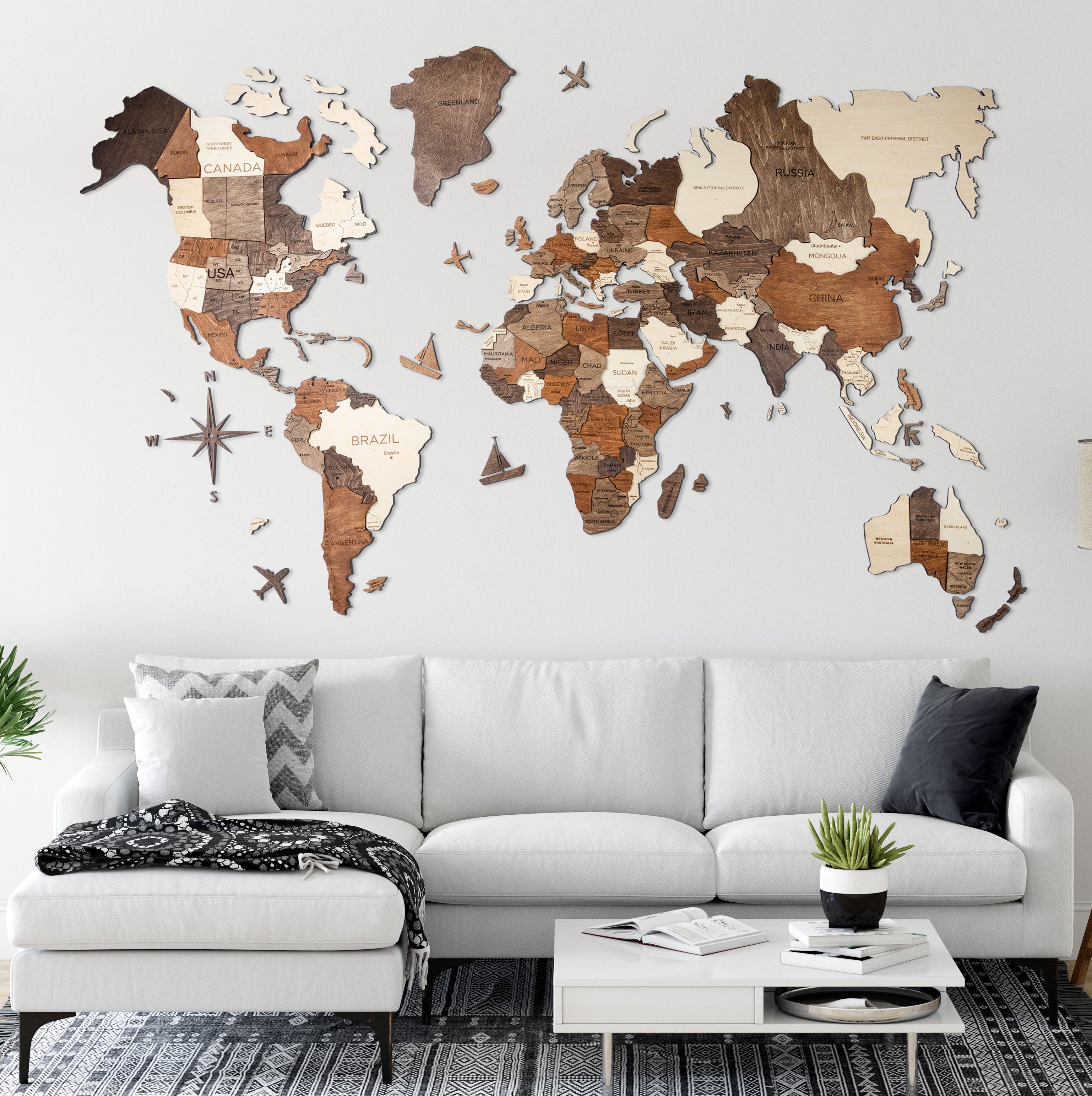 3D Wood World Map ナチュラルウッドカラー 壁掛け木製世界地図【翌日