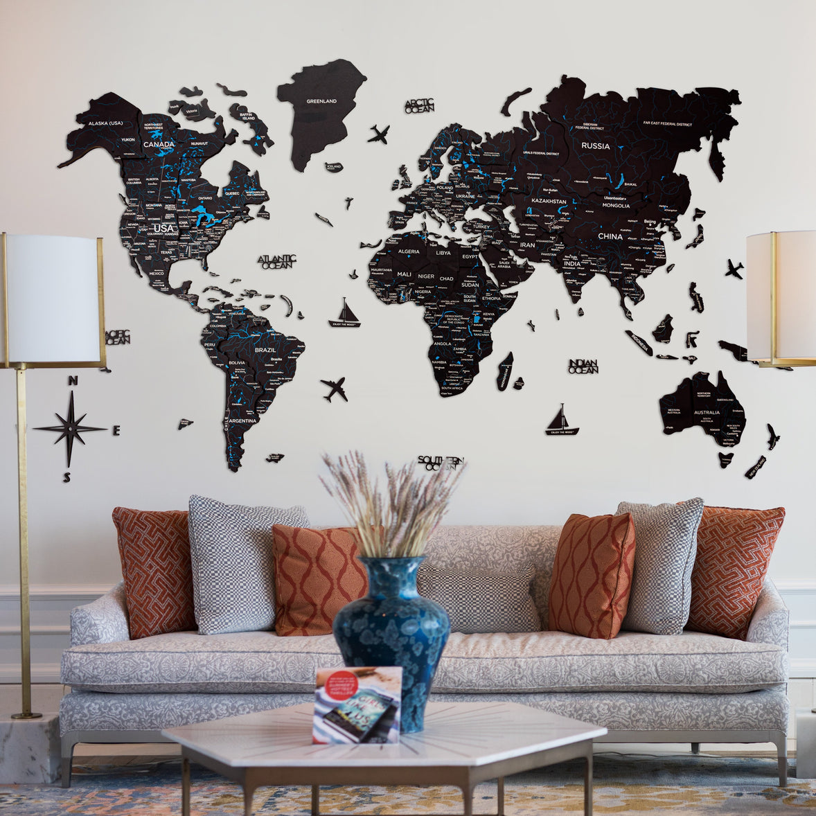 3D Wood World Map ブラック 壁掛け木製世界地図【翌日出荷】