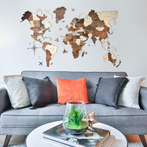 3D Wood World Map ナチュラルウッドカラー 壁掛け木製世界地図
